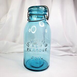 VTG McDonald New Perfect Seal Aqua Blue Glass Jar #8 Wire Bail Lid Half Gallon